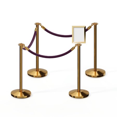 MONTOUR LINE Stanchion Post & Rope Kit PolBrass 4FlatTop 3Purple Rope 8.5x11V Sign C-Kit-3-PB-FL-1-Tapped-1-8511-V-3-PVR-PE-PB